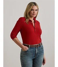 Lauren Ralph Lauren Plus Size Ribbed Knit Point Collar 3/4 Cuffed Sleeve Polo Shirt