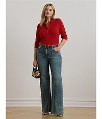 Lauren Ralph Lauren Plus Size Ribbed Knit Point Collar 3/4 Cuffed Sleeve Polo Shirt