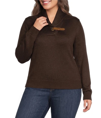 Lauren Ralph Lauren Plus Size Ribbed Knit Shawl Collar Long Sleeve Sweater Top