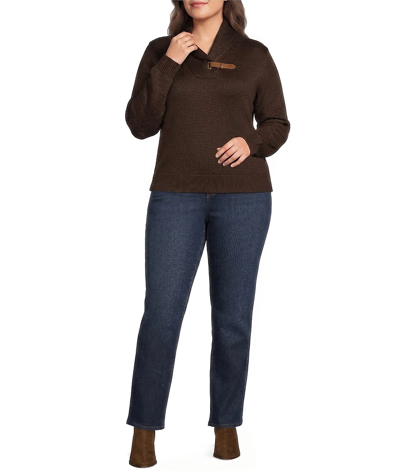 Lauren Ralph Lauren Plus Size Ribbed Knit Shawl Collar Long Sleeve Sweater Top