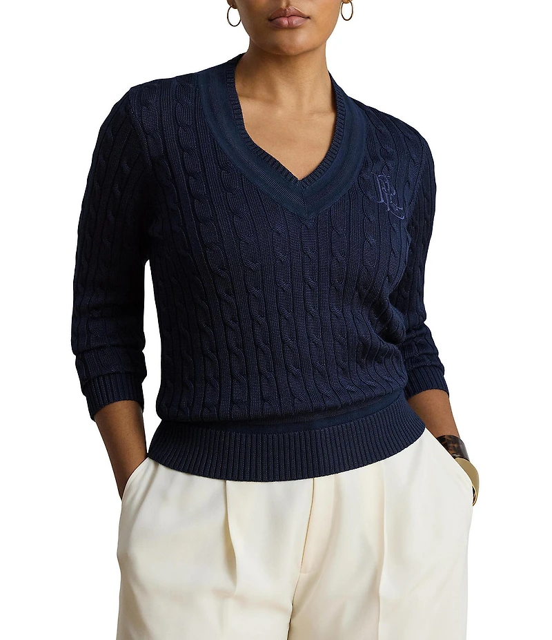 Lauren Ralph Lauren Plus Size Ribbed Knit V-Neck Long Sleeve Cricket Sweater Top