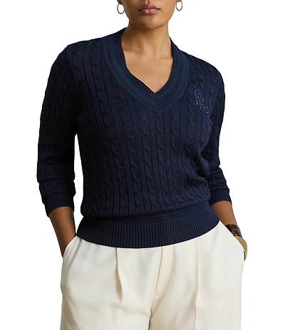 Lauren Ralph Lauren Plus Size Ribbed Knit V-Neck Long Sleeve Cricket Sweater Top