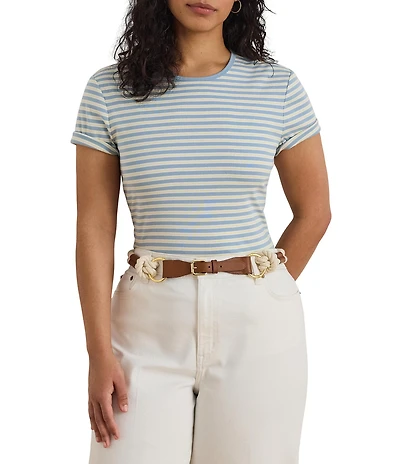 Lauren Ralph Lauren Plus Size Ribbed Knit Yarn-Dyed Stripe Crew Neck Short Sleeve Tee