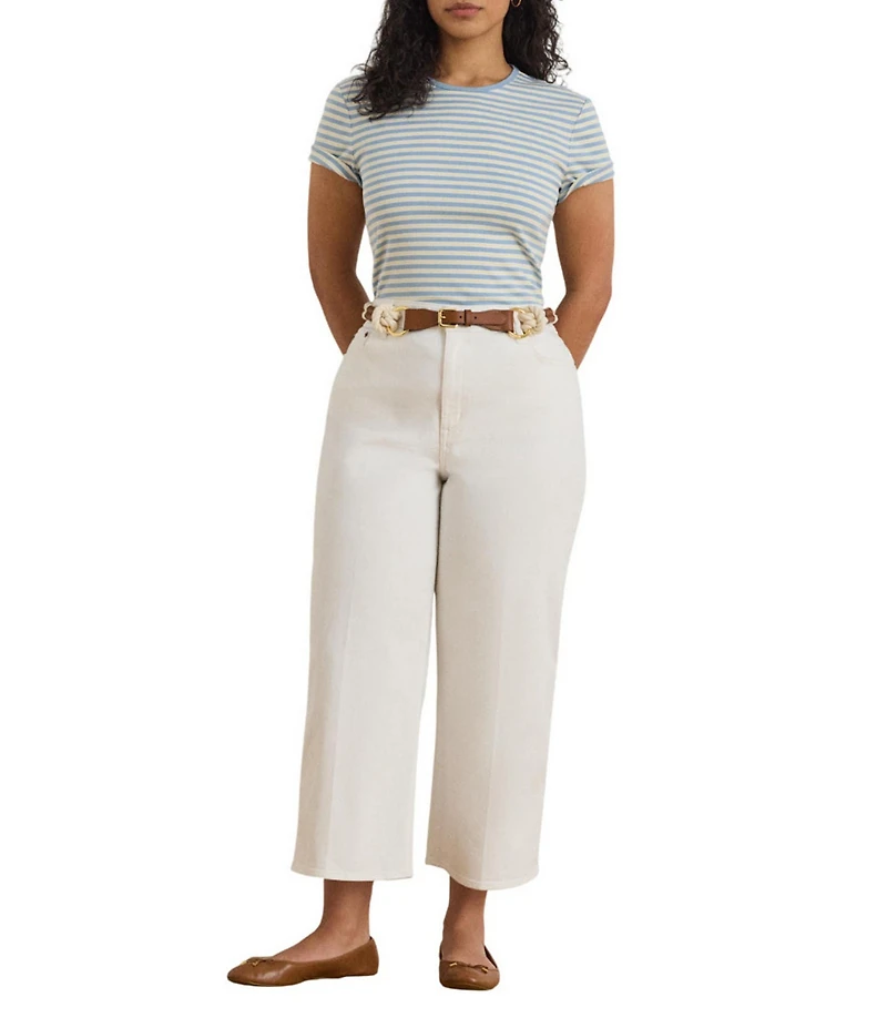 Lauren Ralph Lauren Plus Size Ribbed Knit Yarn-Dyed Stripe Crew Neck Short Sleeve Tee