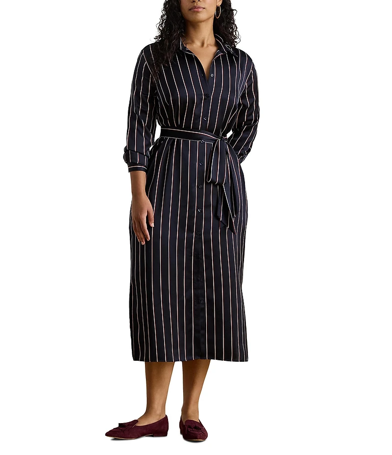 Lauren Ralph Lauren Plus Size Satin Charmeuse Striped Point Collar Long Sleeve Button-Front Belted Midi Shirtdress