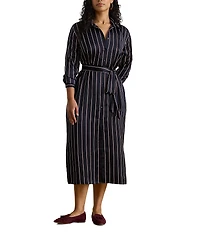 Lauren Ralph Lauren Plus Size Satin Charmeuse Striped Point Collar Long Sleeve Button-Front Belted Midi Shirtdress