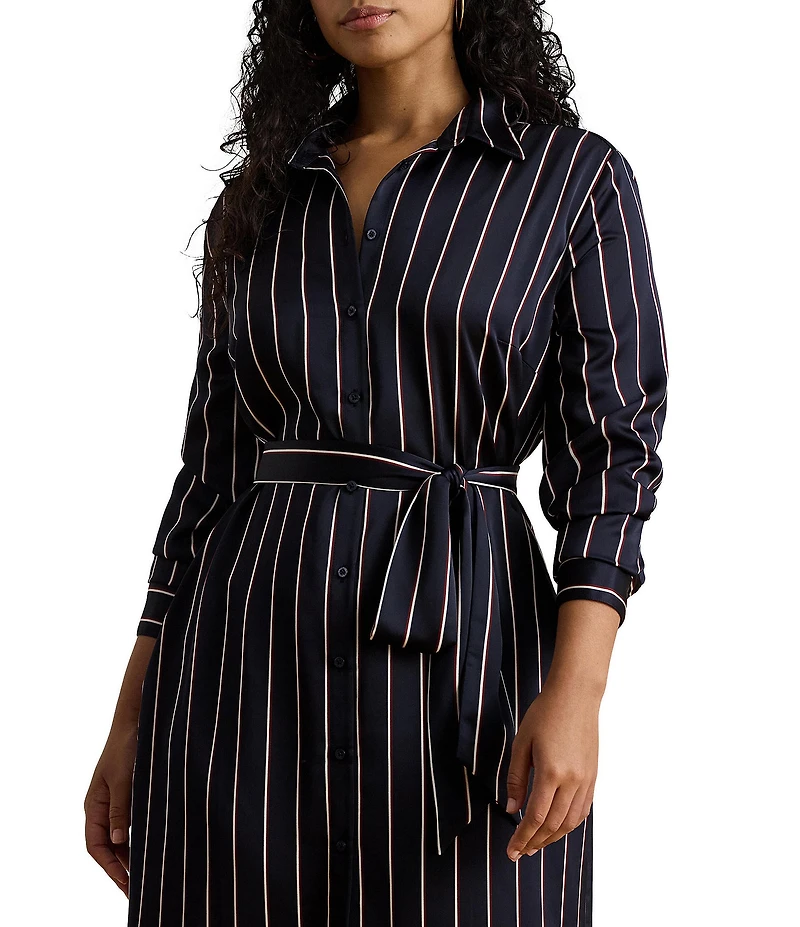 Lauren Ralph Lauren Plus Size Satin Charmeuse Striped Point Collar Long Sleeve Button-Front Belted Midi Shirtdress