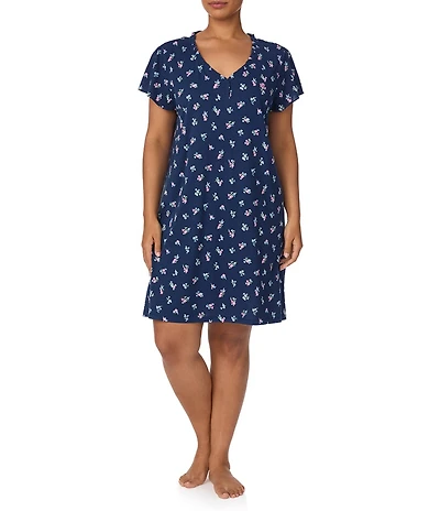 Lauren Ralph Lauren Plus Size Short Flutter Sleeve V-Neck Floral Jersey Knit Short Nightgown
