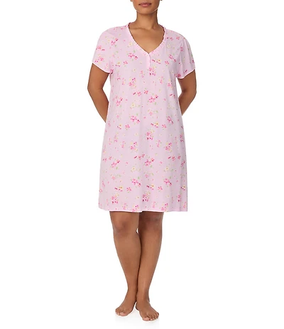 Lauren Ralph Lauren Plus Size Short Flutter Sleeve V-Neck Jersey Knit Floral Short Nightgown