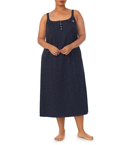 Lauren Ralph Lauren Plus Size Sleeveless Double Strap Long Knit Dotted Nightgown