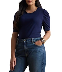 Lauren Ralph Lauren Plus Size Slub Jersey Knit Crew Neck Elbow Sleeve Shirttail Hem Shirt