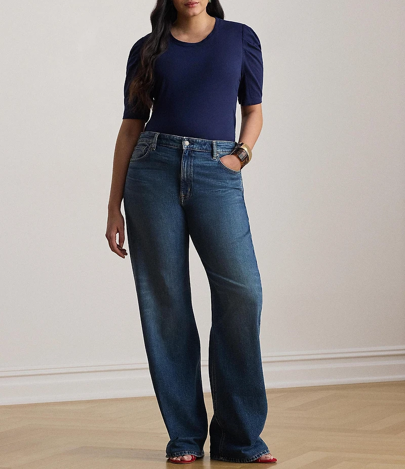 Lauren Ralph Lauren Plus Size Slub Jersey Knit Crew Neck Elbow Sleeve Shirttail Hem Shirt