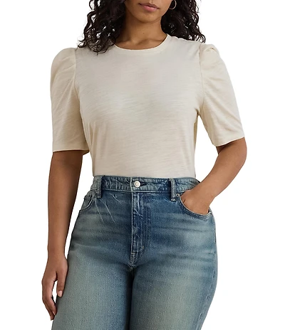 Lauren Ralph Lauren Plus Size Slub Jersey Knit Crew Neck Short Puff Sleeve Top