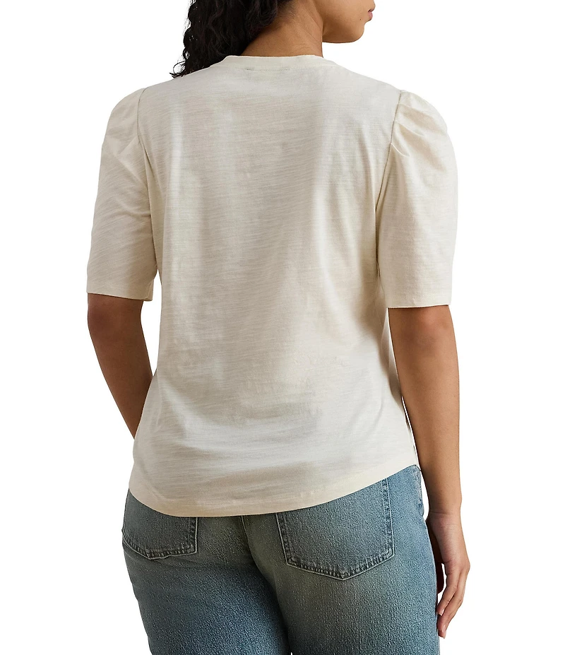 Lauren Ralph Lauren Plus Size Slub Jersey Knit Crew Neck Short Puff Sleeve Top