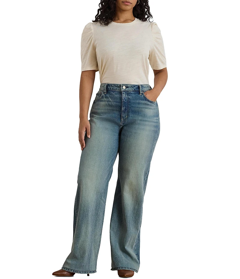 Lauren Ralph Lauren Plus Size Slub Jersey Knit Crew Neck Short Puff Sleeve Top