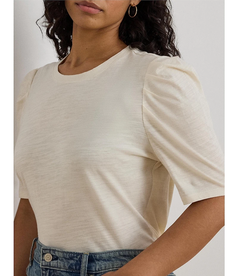 Lauren Ralph Lauren Plus Size Slub Jersey Knit Crew Neck Short Puff Sleeve Top