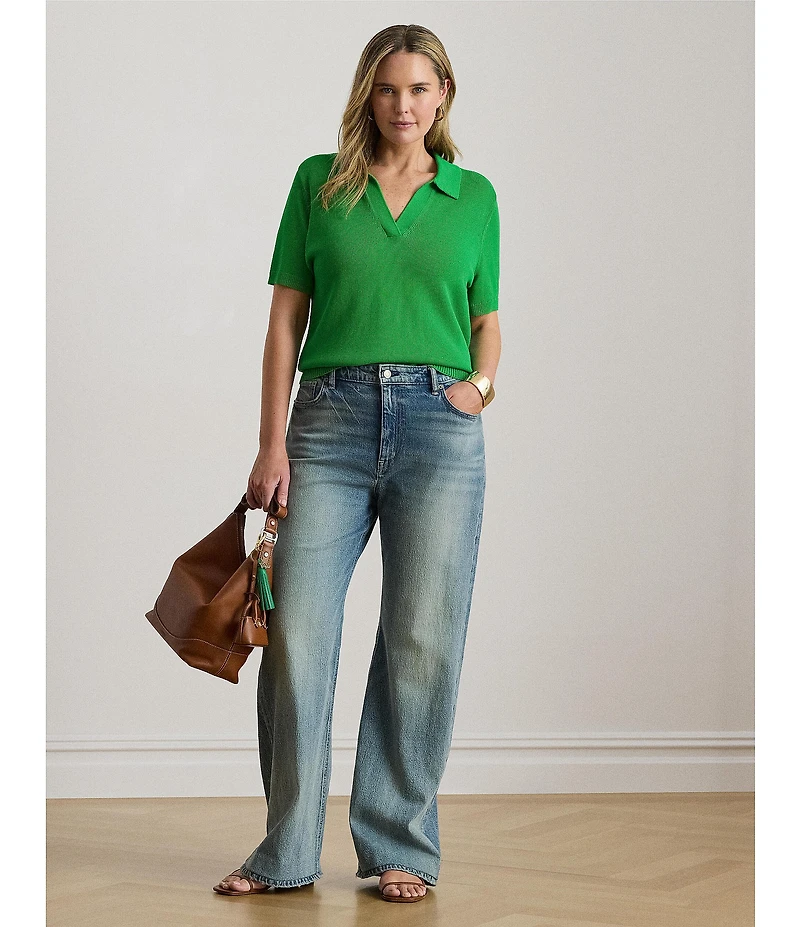 Lauren Ralph Lauren Plus Size Soft Cotton-Blend Johnny Collar Short Sleeve Polo Sweater
