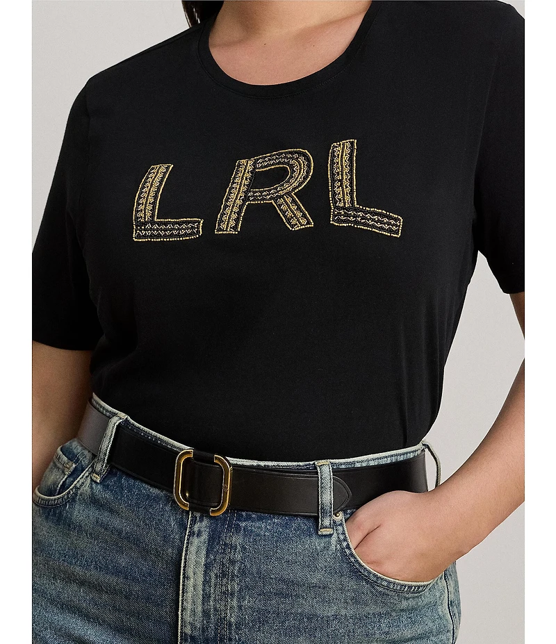 Lauren Ralph Lauren Plus Size Soft Jersey Cotton Crew Neck Short Sleeve Beaded Logo Tee