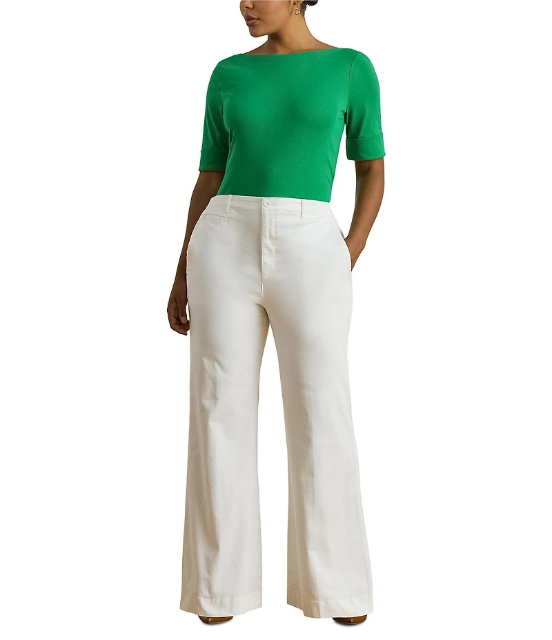 Lauren Ralph Lauren Plus Size Stretch Cotton Boat Neck Elbow Sleeve Tee Top