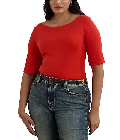 Lauren Ralph Lauren Plus Size Stretch Cotton Boat Neck Short Folded Elbow Sleeve Top
