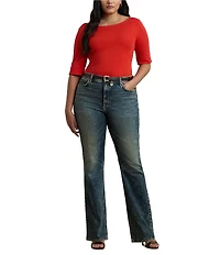Lauren Ralph Lauren Plus Size Stretch Cotton Boat Neck Short Folded Elbow Sleeve Top