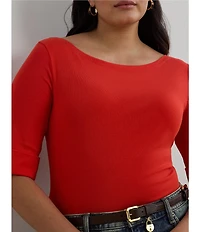 Lauren Ralph Lauren Plus Size Stretch Cotton Boat Neck Short Folded Elbow Sleeve Top