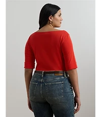 Lauren Ralph Lauren Plus Size Stretch Cotton Boat Neck Short Folded Elbow Sleeve Top