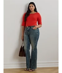Lauren Ralph Lauren Plus Size Stretch Cotton Boat Neck Short Folded Elbow Sleeve Top