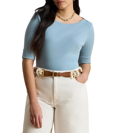 Lauren Ralph Lauren Plus Size Stretch Cotton Knit Boat Neck Elbow Sleeve Tee