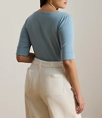 Lauren Ralph Lauren Plus Size Stretch Cotton Knit Boat Neck Elbow Sleeve Tee