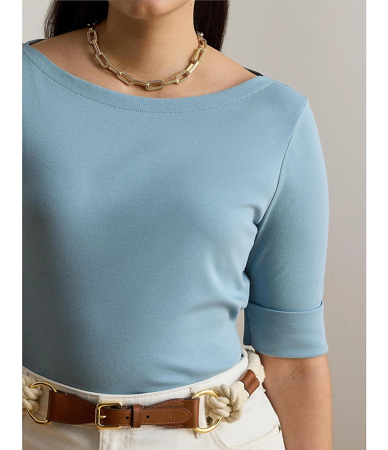 Lauren Ralph Lauren Plus Size Stretch Cotton Knit Boat Neck Elbow Sleeve Tee