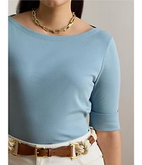 Lauren Ralph Lauren Plus Size Stretch Cotton Knit Boat Neck Elbow Sleeve Tee