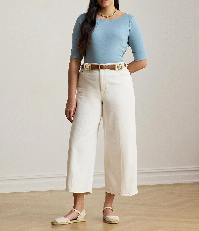 Lauren Ralph Lauren Plus Size Stretch Cotton Knit Boat Neck Elbow Sleeve Tee