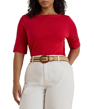 Lauren Ralph Lauren Plus Size Stretch Cotton Knit Boat Neck Elbow Sleeve Tee