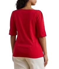 Lauren Ralph Lauren Plus Size Stretch Cotton Knit Boat Neck Elbow Sleeve Tee
