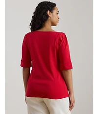 Lauren Ralph Lauren Plus Size Stretch Cotton Knit Boat Neck Elbow Sleeve Tee