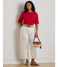 Lauren Ralph Lauren Plus Size Stretch Cotton Knit Boat Neck Elbow Sleeve Tee