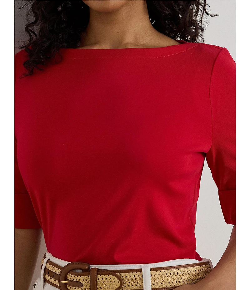 Lauren Ralph Lauren Plus Size Stretch Cotton Knit Boat Neck Elbow Sleeve Tee
