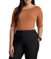 Lauren Ralph Lauren Plus Size Stretch Cotton Knit Boat Neck Elbow Sleeve Tee