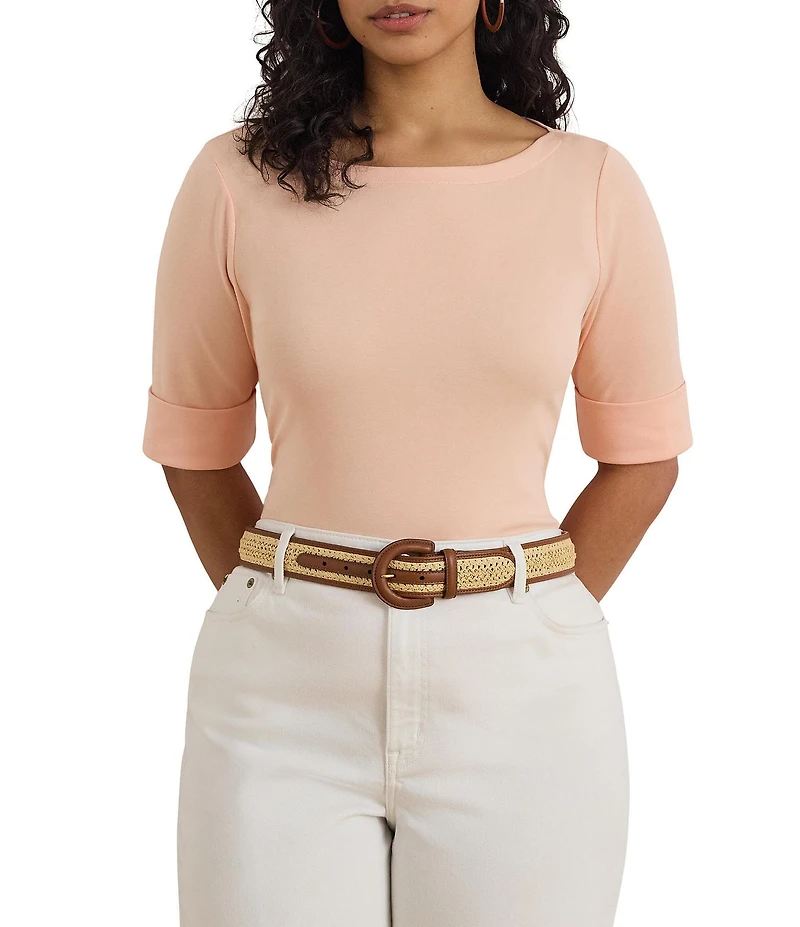 Lauren Ralph Lauren Plus Size Stretch Cotton Knit Boat Neck Elbow Sleeve Tee