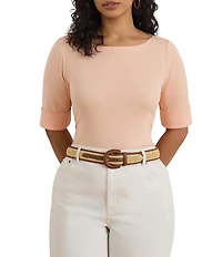 Lauren Ralph Lauren Plus Size Stretch Cotton Knit Boat Neck Elbow Sleeve Tee