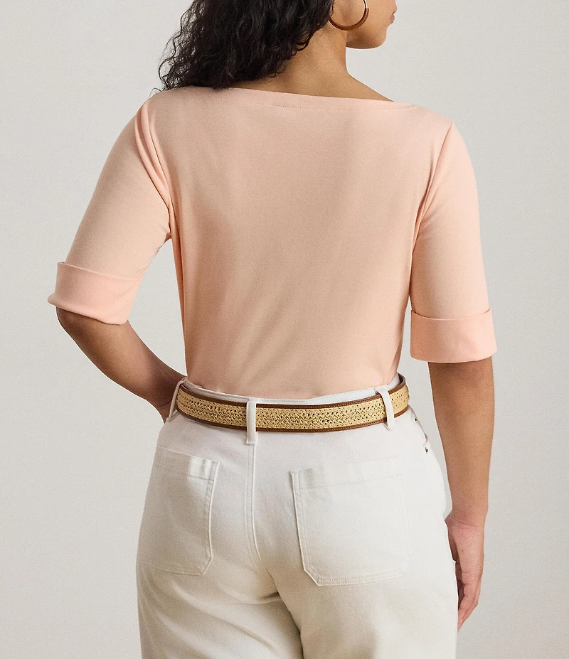 Lauren Ralph Lauren Plus Size Stretch Cotton Knit Boat Neck Elbow Sleeve Tee
