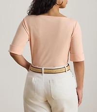Lauren Ralph Lauren Plus Size Stretch Cotton Knit Boat Neck Elbow Sleeve Tee