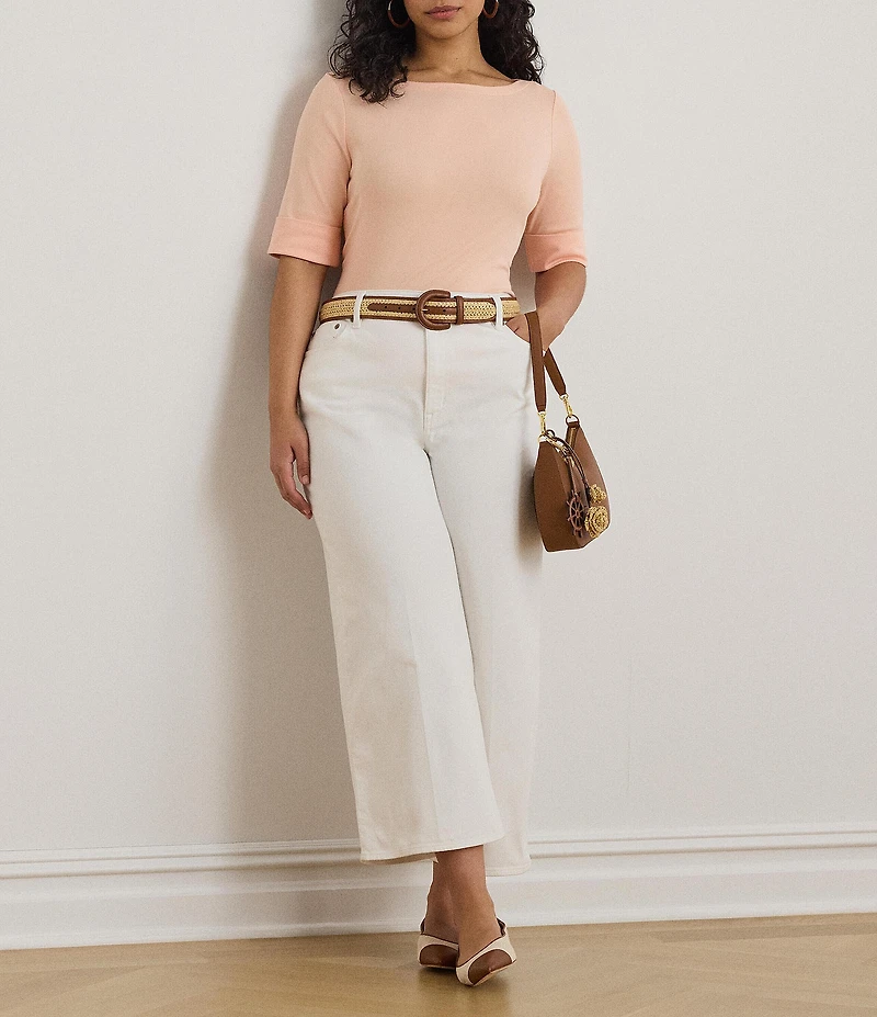 Lauren Ralph Lauren Plus Size Stretch Cotton Knit Boat Neck Elbow Sleeve Tee