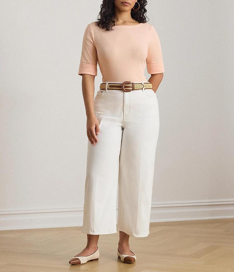 Lauren Ralph Lauren Plus Size Stretch Cotton Knit Boat Neck Elbow Sleeve Tee