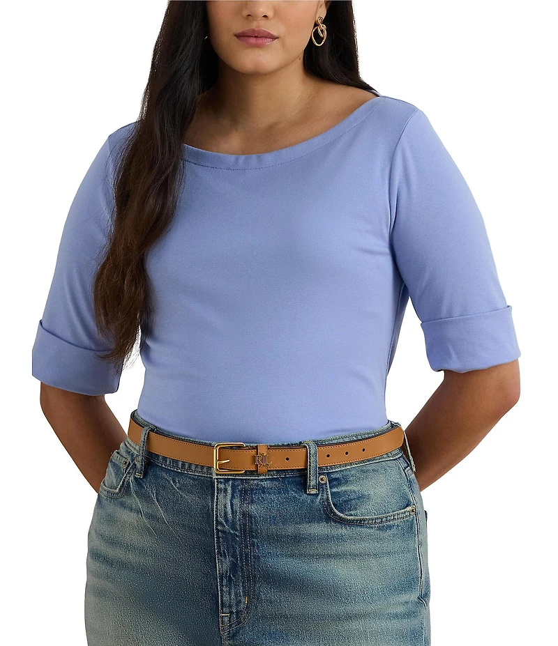 Lauren Ralph Lauren Plus Size Stretch Cotton Knit Boat Neck Elbow Sleeve Tee