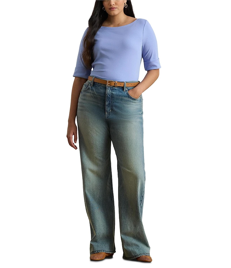 Lauren Ralph Lauren Plus Size Stretch Cotton Knit Boat Neck Elbow Sleeve Tee