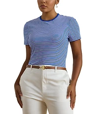 Lauren Ralph Lauren Plus Size Stretch Cotton Stripe Ribbed Crew Neck Short Sleeve Tee
