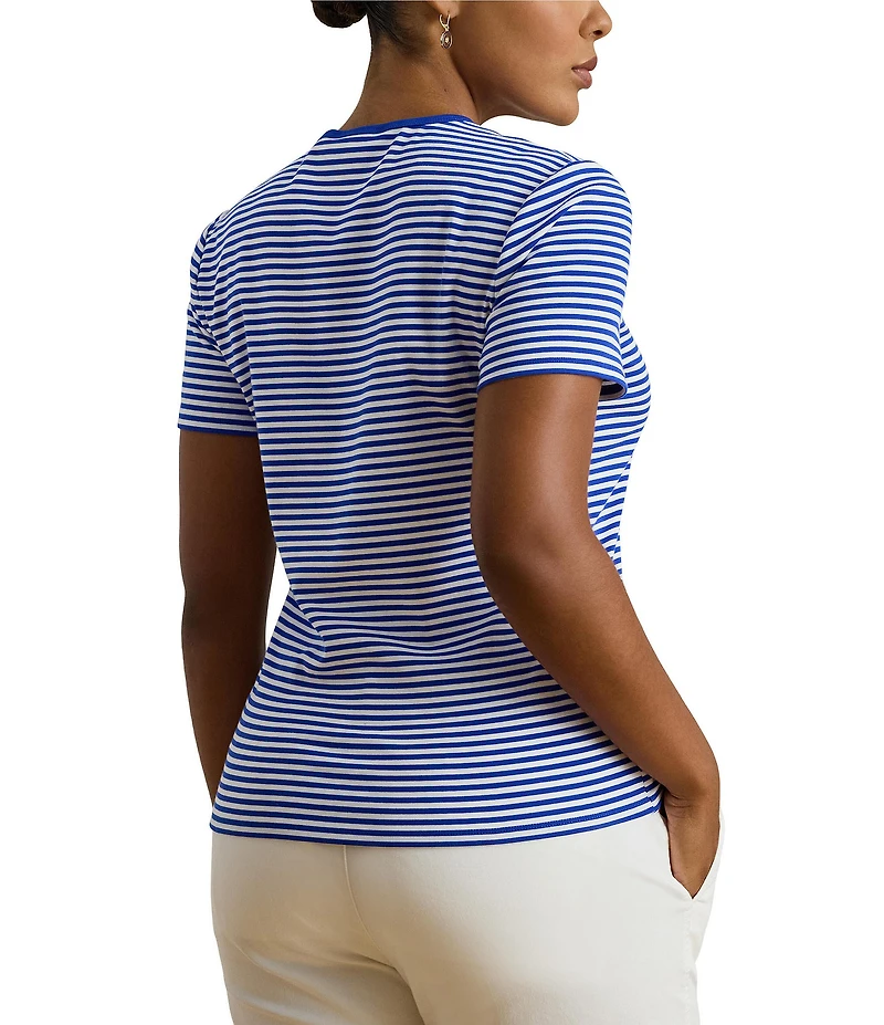Lauren Ralph Lauren Plus Size Stretch Cotton Stripe Ribbed Crew Neck Short Sleeve Tee