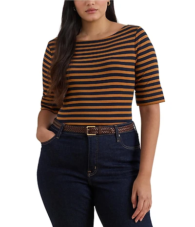 Lauren Ralph Lauren Plus Size Stretch Cotton Striped Boat Neck Elbow Sleeve Tee